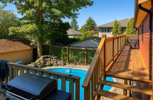 Saanich East Apartment | Charming "Melrose Place" w Year-Round Heated Pool, Deck & Grill