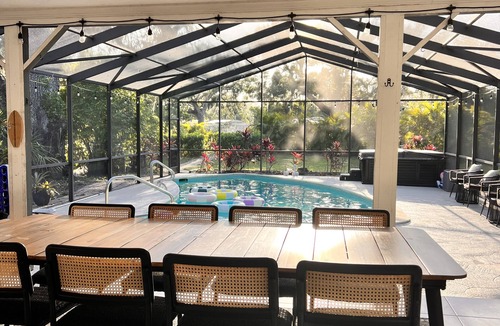 Sarasota House | Spacious 4-bedroom house, 6 Beds, Screened In Heated Saltwater Pool, Arcades