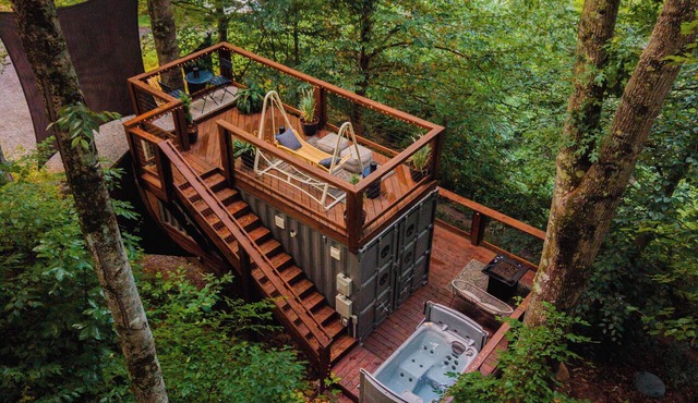 Tiny Container Home Retreat with Hot Tub, Fire Table, Dining Area, and Views! in Todd
